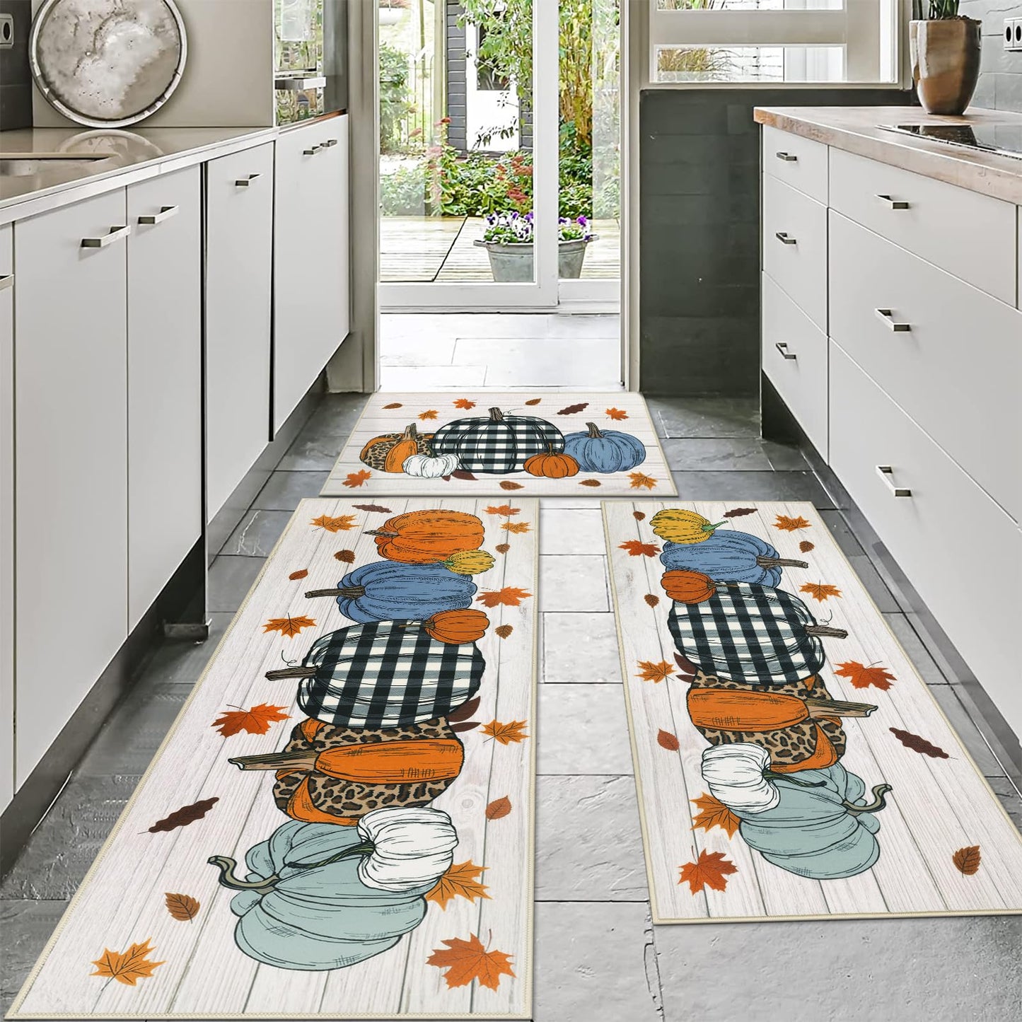 SHACOS Fall Pumpkins Kitchen Rug Sets of 3 Piece Non Slip Washable Kitchen Mats for Floor Autumn Harvest Farmhouse Floor Carpet for Hallway Entryway