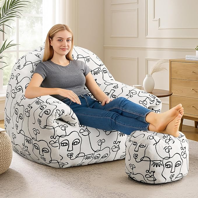 Peace nest Bean Bag Chair with Memory Foam Filled Ultra Soft Jacquard Pattern Cover for Adults Comfy Fur Bean Bag Chairs with Armrests Ottoman for Bedroom Living Room Office Dorm Reading Goddesses