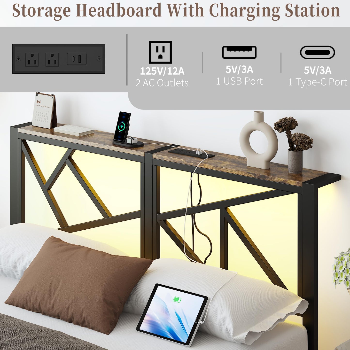 ChicZhiNest Queen Size Black Metal Bed Frame with USB Charging Station, LED Ambient Lighting, and Wooden Storage Headboard - Includes Under-Bed Storage, No Box Spring Needed, Noise Free, Easy Assembly