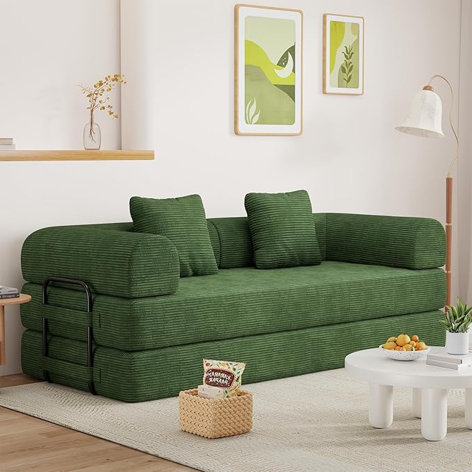 77" Convertible Sofa Bed, Modular Folding Futon Corduroy Floor Foam Compressed Loveseat Sleeper Sofa Couch, Pull Out Queen Size Couch Bed with 2 Pillows for Living Room Guest Room Studio, Dark Green