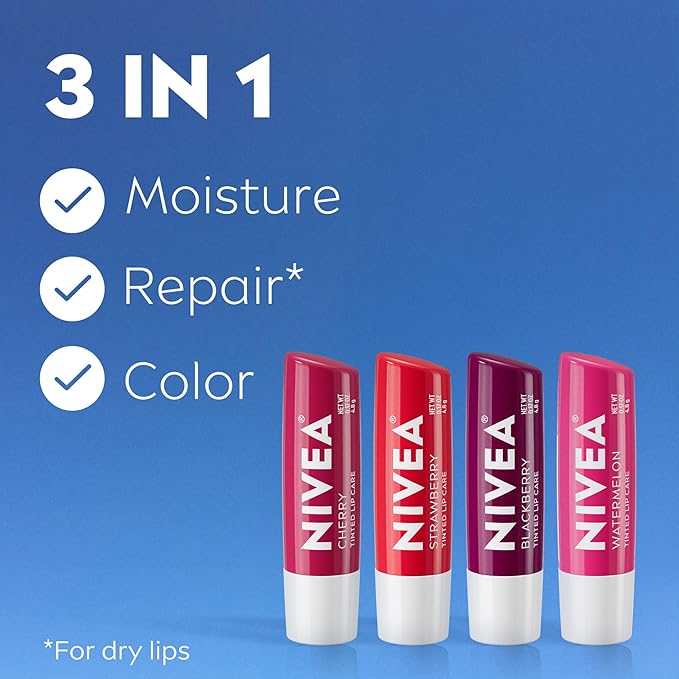 NIVEA Lip Care, Fruity Tinted Lip Balm Variety Pack, Holiday Lip Balm Gifts for Her, With Cherry, Strawberry, Blackberry and Watermelon Flavors, 0.17 Oz Stick, Pack of 4