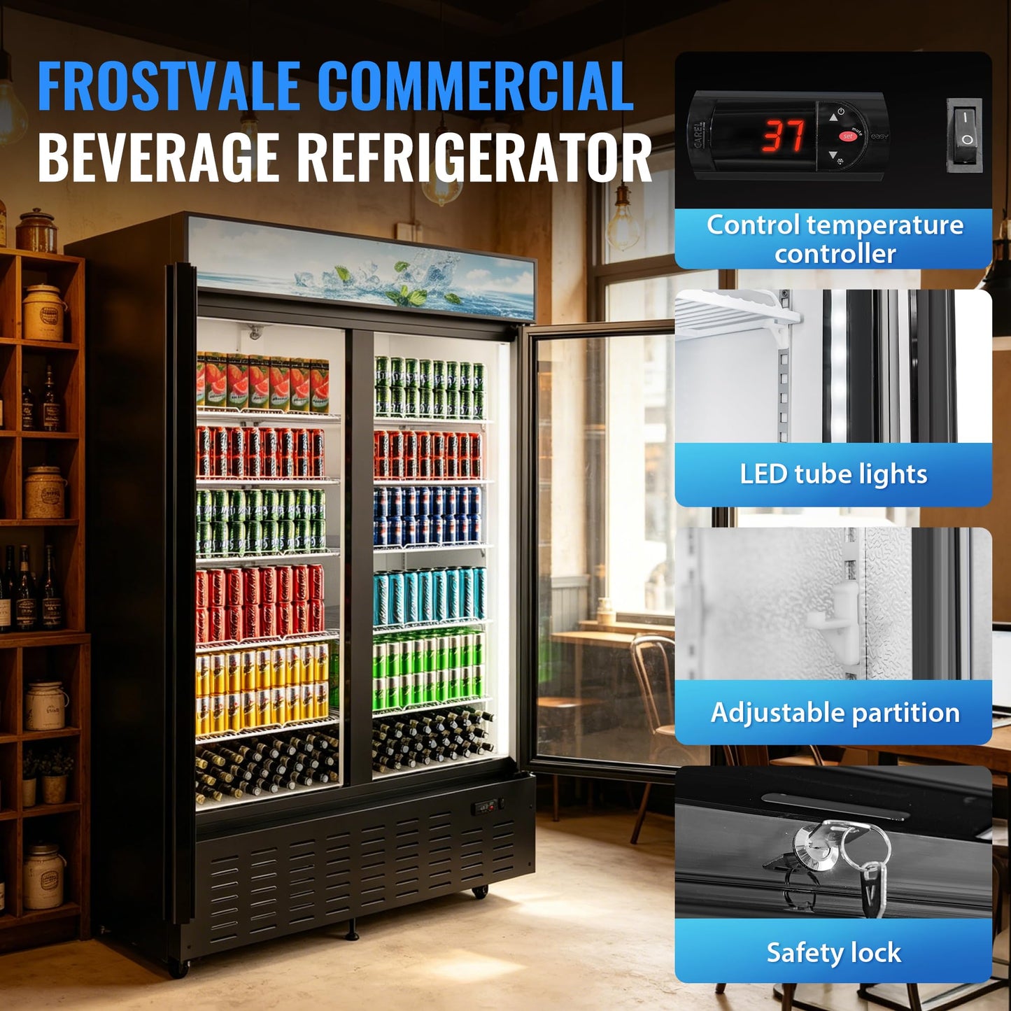 Frostvale 41 Cu.Ft Commercial Display Refrigerator, Black 2 Glass Door Beverage Cooler with Lighted Header, ETL Upright Merchandiser Fridge for Drinks, Soda, Beer, Restaurant, Store