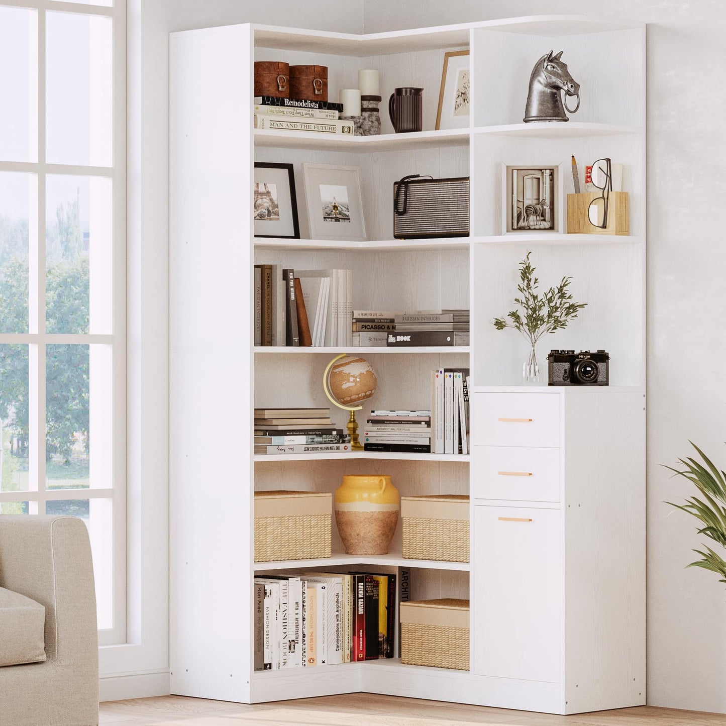 IRONCK Corner Bookshelf and Bookcase with 2 Drawer and 10 Open Shelves, 76.8" Height L Shaped Storage Shelf Corner Combination, for Living Room Home Office, Modern White