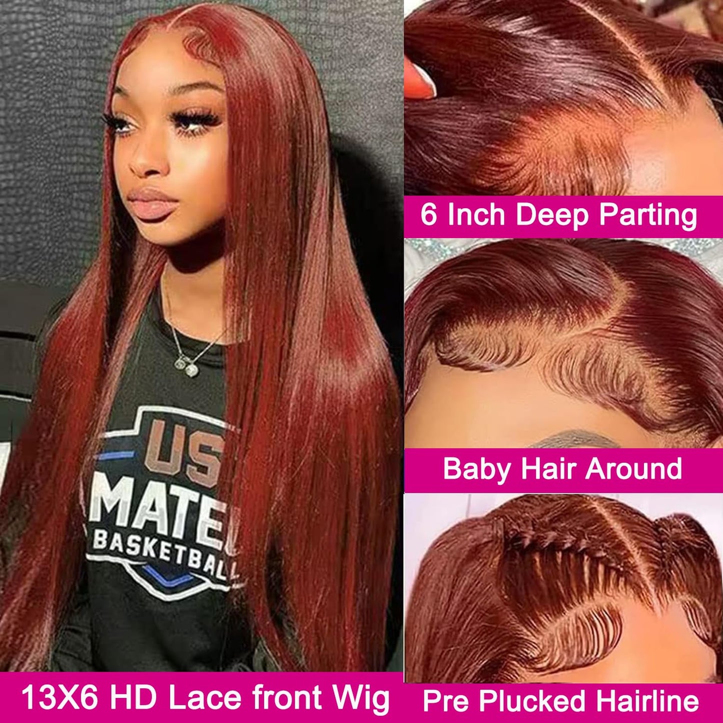 Reddish Brown Lace Front Wigs Human Hair 13x6 Straight Lace Front Wig 180% Density 33# Lace Frontal Wigs Human Hair Pre Plucked