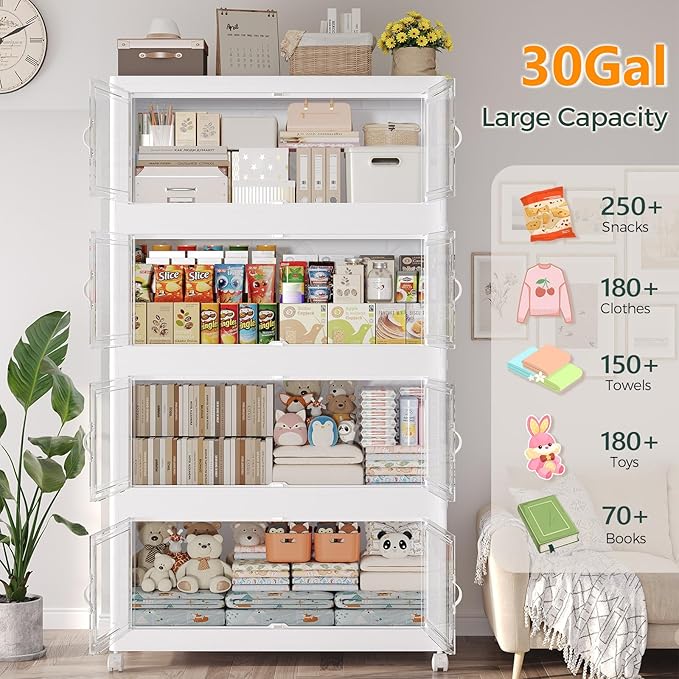 360QT Extra Large Stackable Storage Bins with Lid, 90Gal Collapsible Closet Organizer Box with Wheels, Folding Plastic Storage Cabinet with Doors for Home Kitchen Office Dorm, 3Pack White