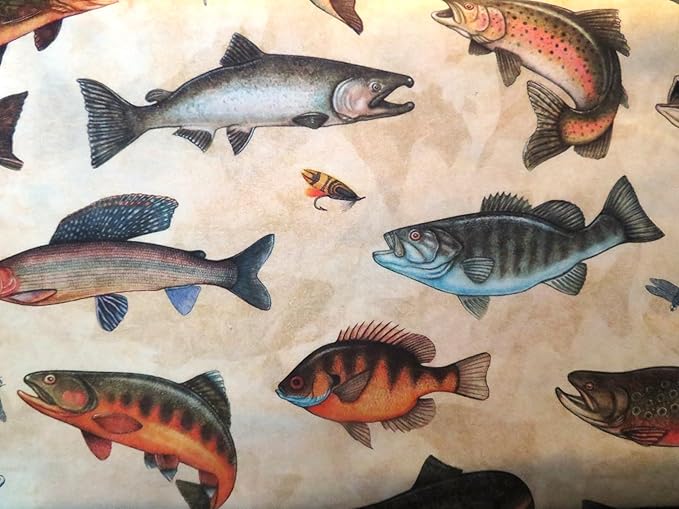 Fish Tails Frresh Water Fish and Ocean Fish with Flies On Cream Cotton Fabric QT 30067