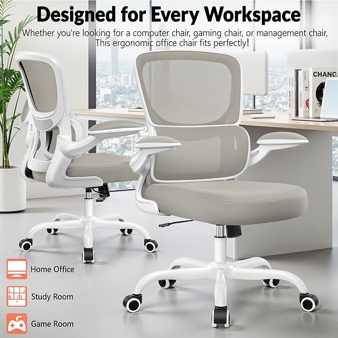 BESTFAIR Office Chair Ergonomic Desk Chair, Breathable Mesh Comfy Chair with Lumbar Support, Computer Chair, Home Desk Chair with Flip-up Armrests, Gaming Chair for Adults Home Office (LightGray)