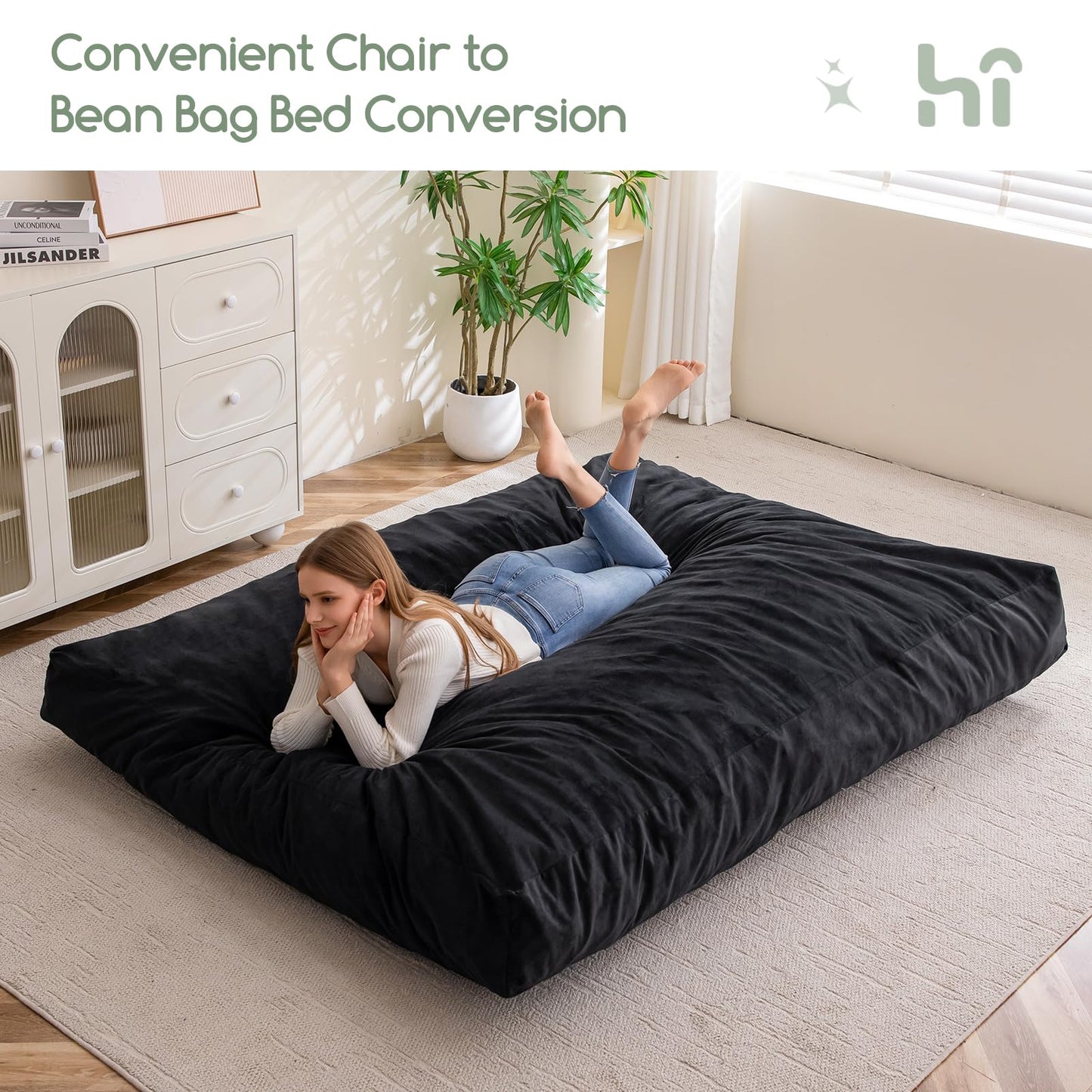 HIGOGOGO Giant Bean Bag Chair Bed for Adults,Convertible Beanbag Folds from Lazy Chair to Floor Mattress Bed,Large Floor Sofa Couch for Adult,Couples,Family,High-Density Foam Filling, Machine Washable