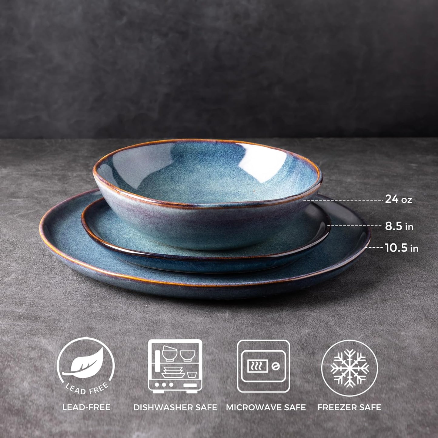 AmorArc Ceramic Dinnerware Sets,Handmade Reactive Glaze Stoneware Plates and Bowls Set,Highly Scratch Resistant | Dishwasher & Microwave Safe,Service for 4 Dishes Set - Reactive Blue(12pc)