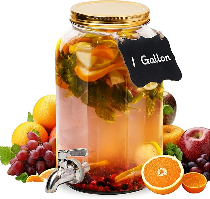 1 Gallon Kombucha Glass Beverage Dispenser with Spigot - Wide-Mouth - Glass Drink Dispenser Parties & Home Use and Lid for...