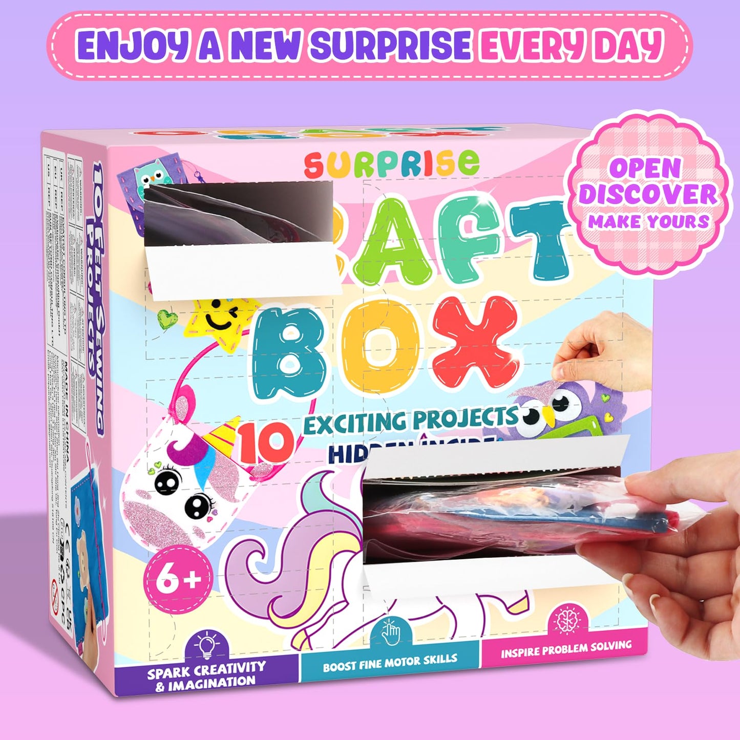 Sewing Kit for Beginner Kids, 10Pcs Unicorn Bear DIY Arts and Crafts Box, Felt Art Projects, Blind Box Craft Supplies, Learn to Sew Embroidery Kit, Birthday Gift for Girls 3 4 5 6 7 8 Years Old