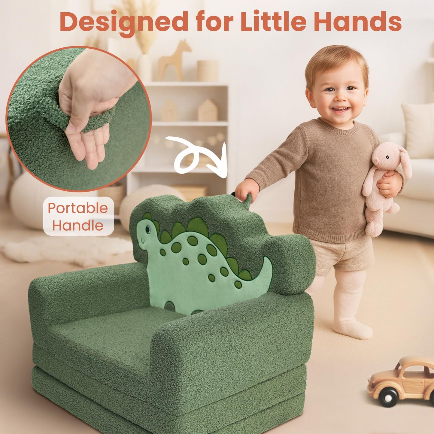 TinyPalsa Kids Couch, Convertible Sofa to Lounger Fold Out, Green Dinosaur Design Chair for Toddlers 1-3, Gift for Movie Night, Camping, and Napping