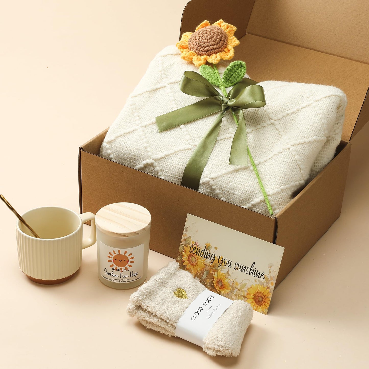 Self Care Gifts for Women - Luxury Package with 50"x70" Cozy Knitted Blanket, Fuzzy Socks, Soy Candle, Sunflower Decor | Birthday, Thinking of You, Get Well Gifts | Mom, Girlfriend, Best Friend