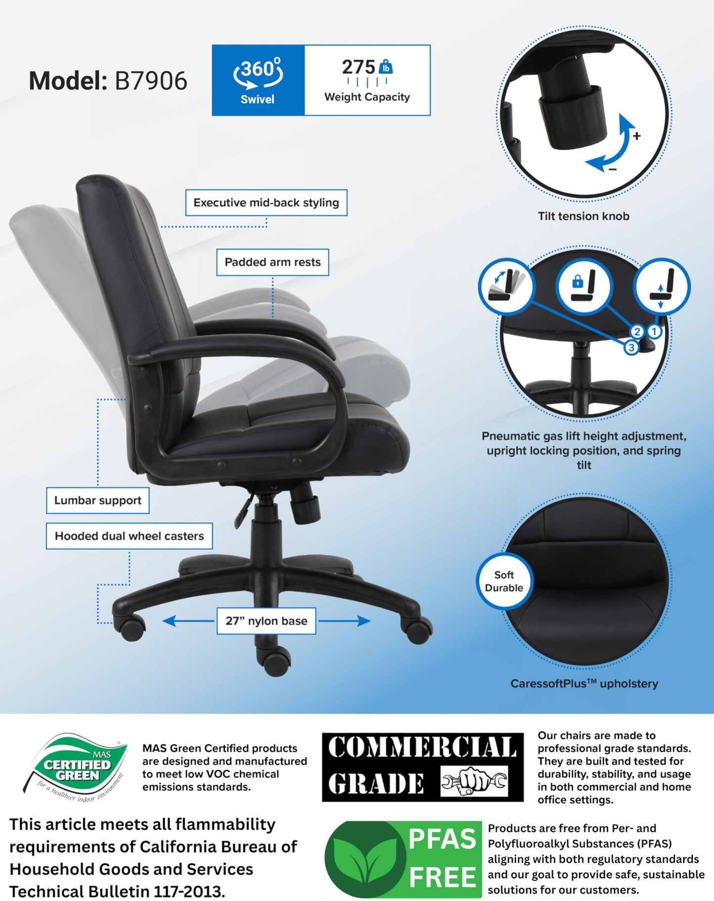 Boss Office Products Caressoft Executive Mid Back Chair in Black (B7906)