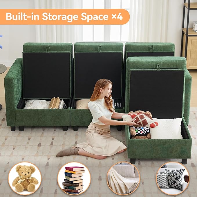 WUTUTUEE 83' Modular Sectional Sofa Convertible L Shaped Couch Set for Living Room, 4 Seat Storage Modular Sofa with Movable Ottoman, Chenille Dark Green