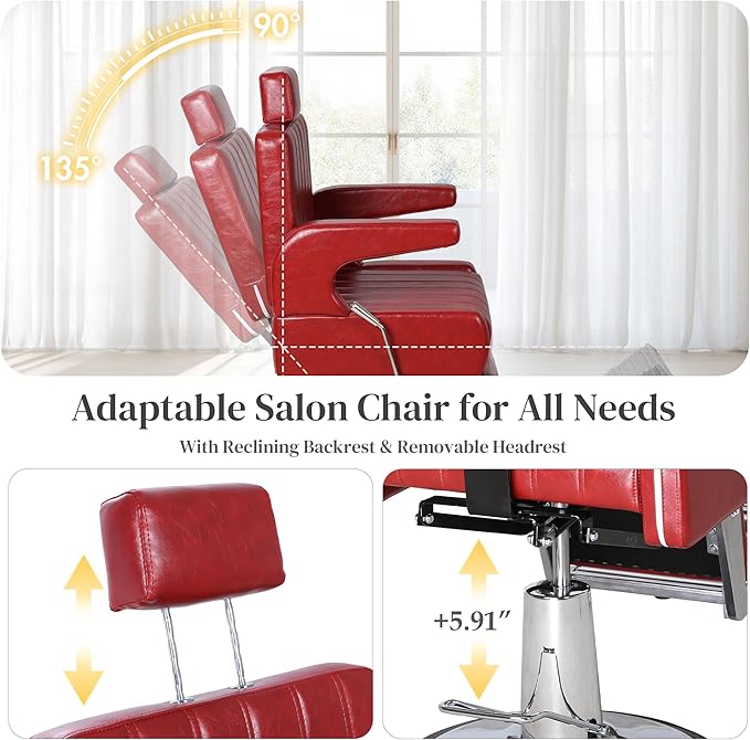 FHFO Barber Salon Hair Chairs for Barbershop, Hydraulic Barber Chair 360° Swivel Reclining, Adjustable PU Leather Beauty Styling Salon Chair for Barbershop Spa Red/Silver