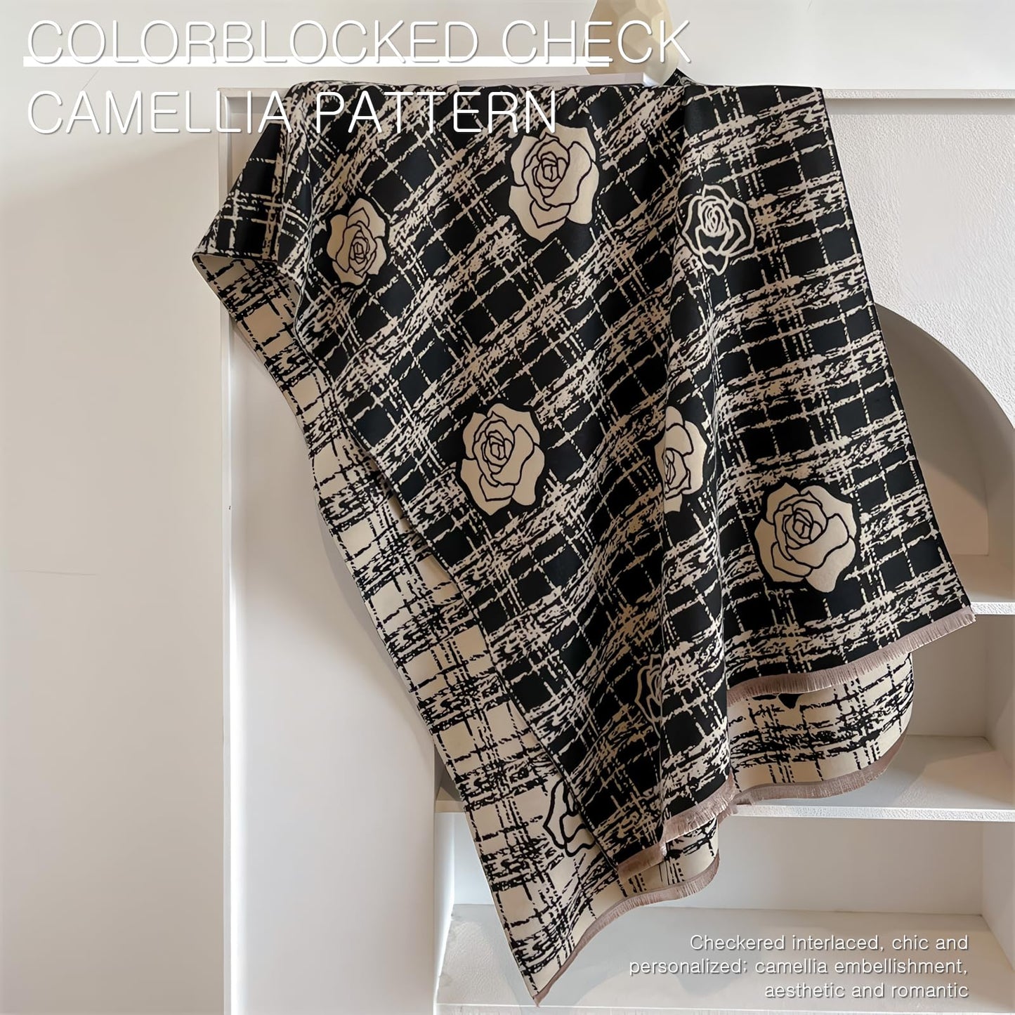 LumiSyne Winter Scarf Women Pashmina Shawls And Wraps Romantic Checked Camellia Pattern Reversible Cashmere Scarf With Tassel