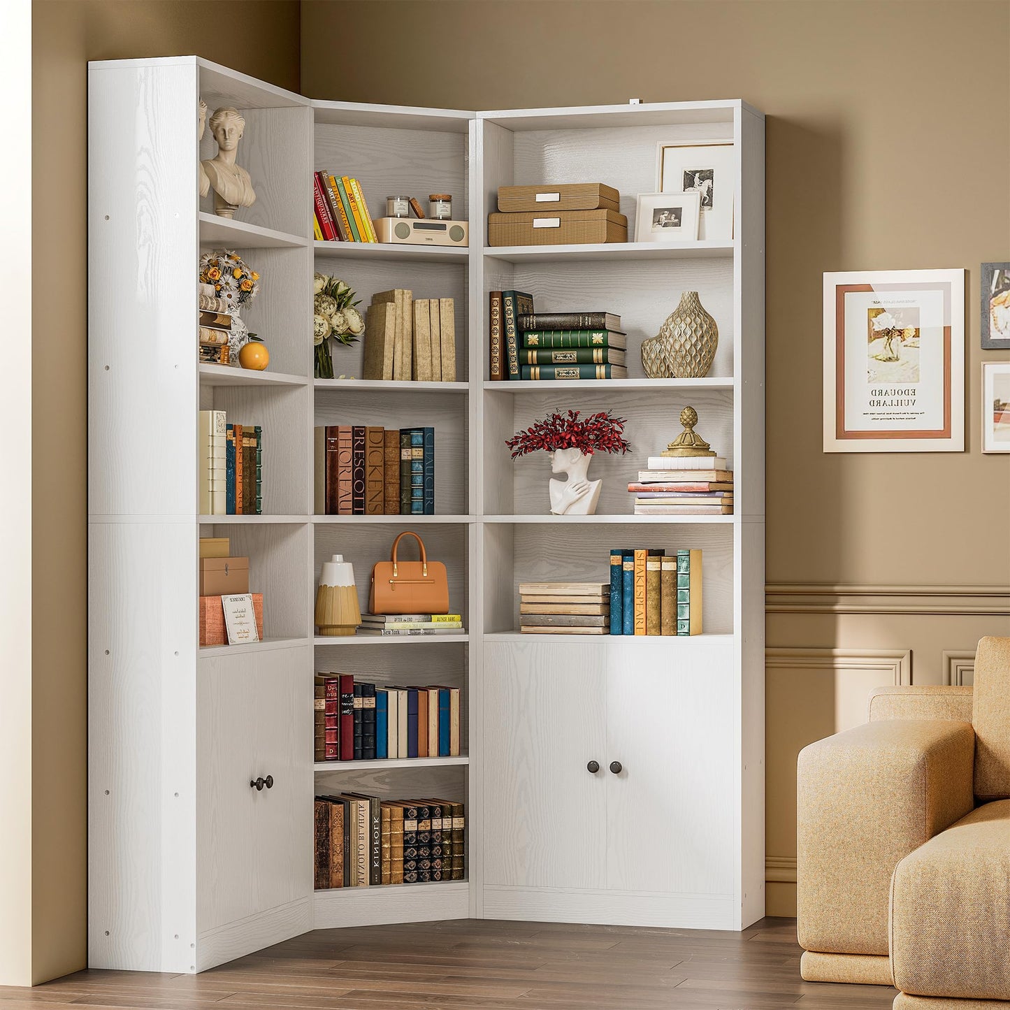 IRONCK Corner Bookshelf and Bookcase with 2 Storage Cabinets and 7 Tier Shelves, 71" Height Storage Shelves Corner Combination, White