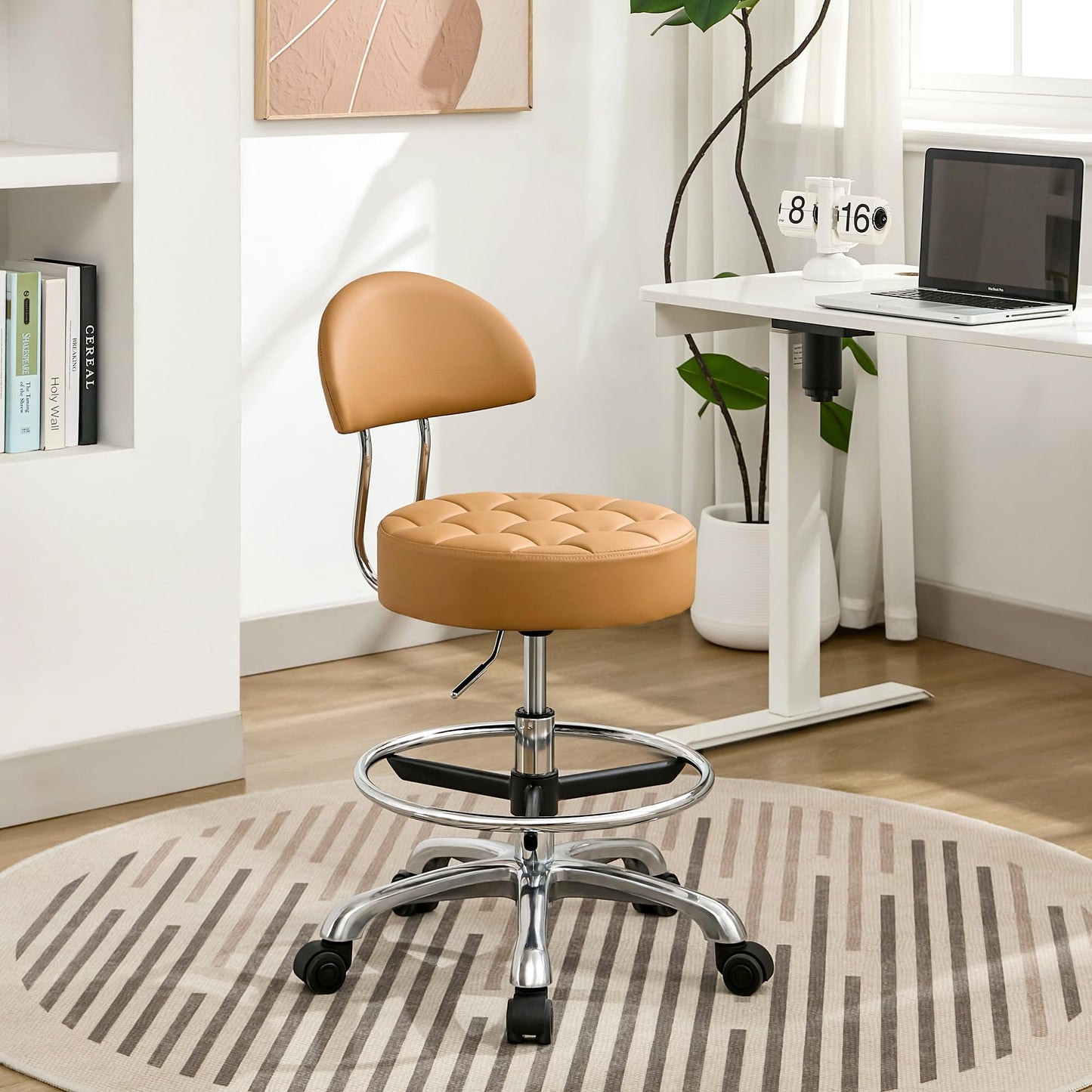 FIRAVOE Rolling Chair (Adjustable Height 20-27 inch) (Stool with Quiet Wheels and Foot Rest) Multifunctional Nail Salon and Spa Stools (Camarel Brown)
