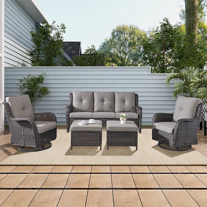 Rilyson Wicker Patio Furniture Set - 5 Piece Rattan Outdoor Sectional Conversation Sets with 2 Rocking Swivel Chairs,2 Ottomans and 1 Sofa for Porch Deck Garden(Brown/Grey)