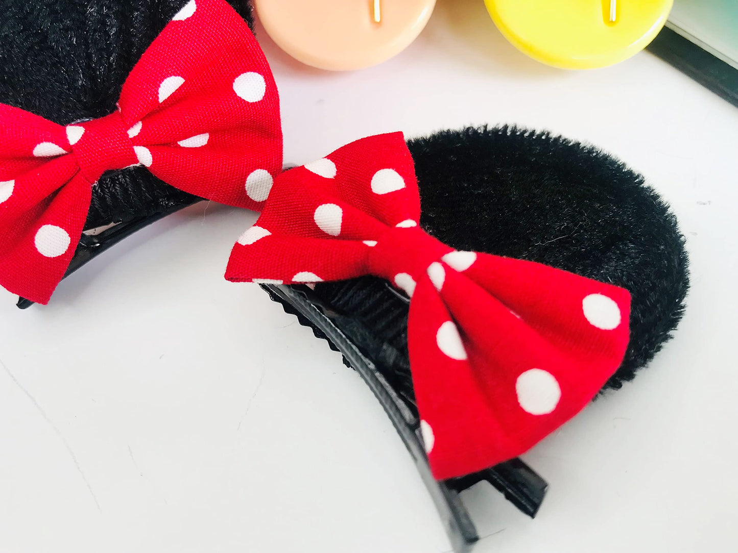 Cute Mouse Ears Hair Clips with Red Polka Dot Bows - Girls Costume Accessories for Theme Party, Travel, Halloween, Birthday Look