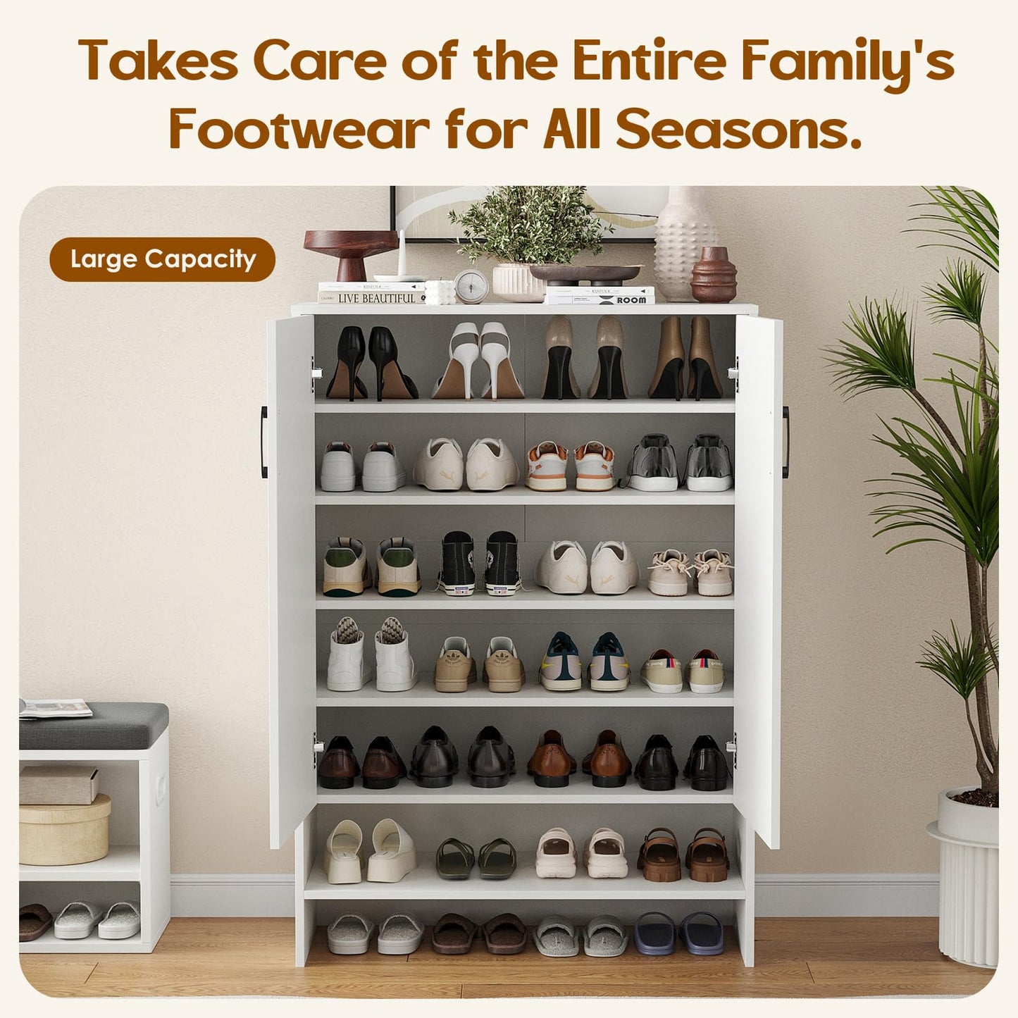 Soohow Shoe Cabinet with Doors, 7 Tier 28 Pairs Shoe Cabinet Storage for Entryway, Hidden Narrow Shoe Cabinets with Adjustable Shelves for Hallway, Living Room