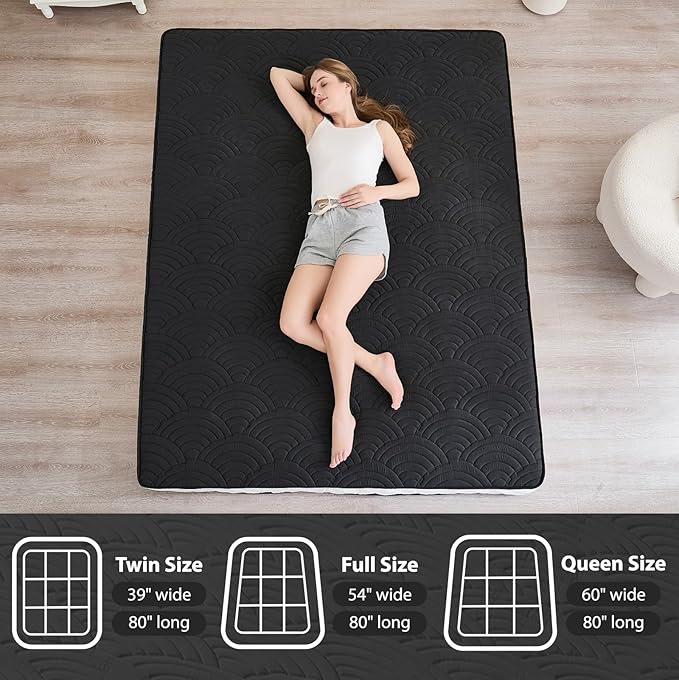 Zelladorra Japanese Floor Mattress, Quilted Futon Mattress with Anti-Slip Bottom, Foldable Floor Bed with Storage Bag and Straps, (Black, Queen)