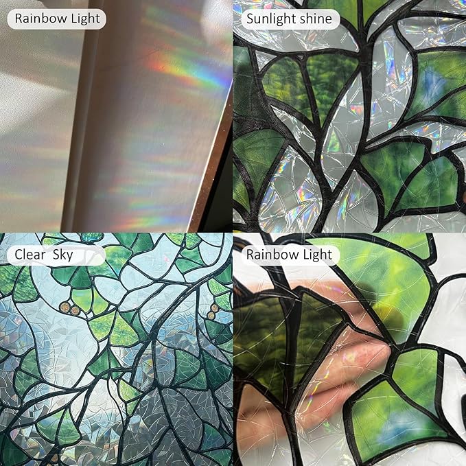 Rainbow Window Privacy Film Stained Glass Handmade Design for Bathroom, Ginkgo Leaves, 118.11'' x 29.52''