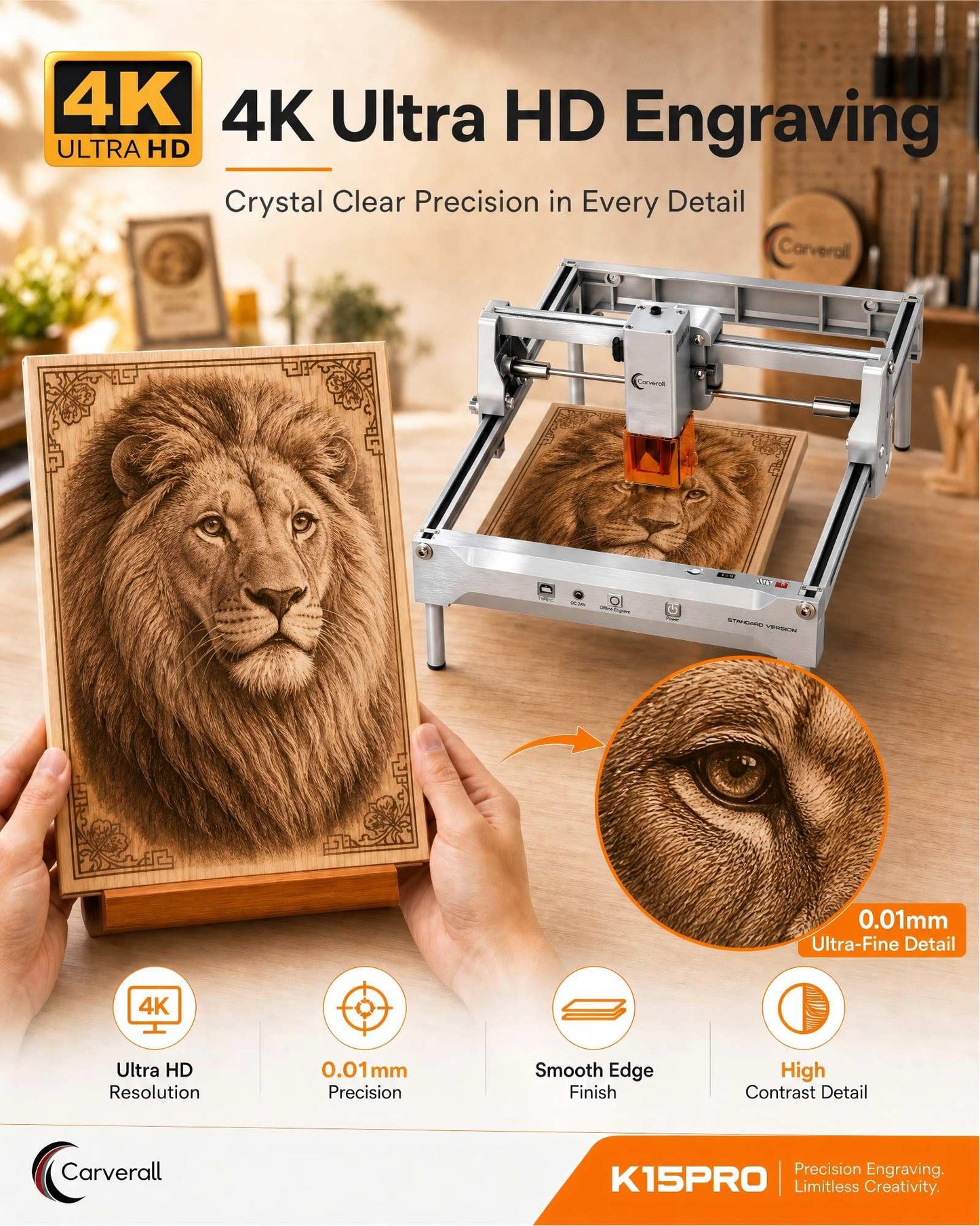 Laser Engraver, Carverall K15 Pro Laser Engraving Machine for Beginners DIY 200x300mm (Near A4) CNC Laser Cutter for Wood Coated Metal Acrylic Leather, Laser Radiation Power: 8.913μW Class 1