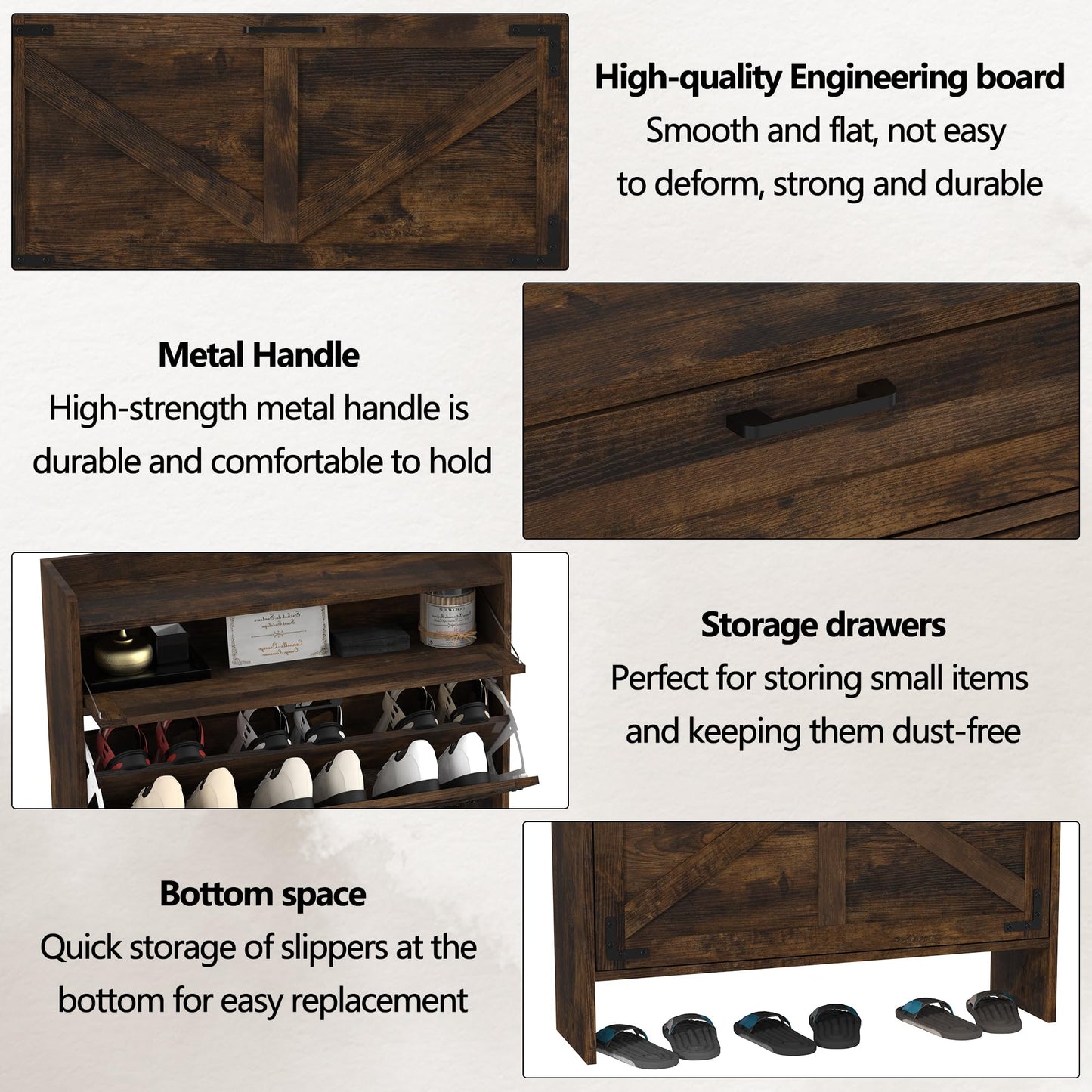 VINYUSE Shoe Cabinet with 2 Flip Drawers, Shoe Storage Cabinet for Entryway, Freestanding Hidden Shoe Cabinet Organizer with Storage Drawers, Narrow Shoe Rack with Legs, Rustic Brown, M