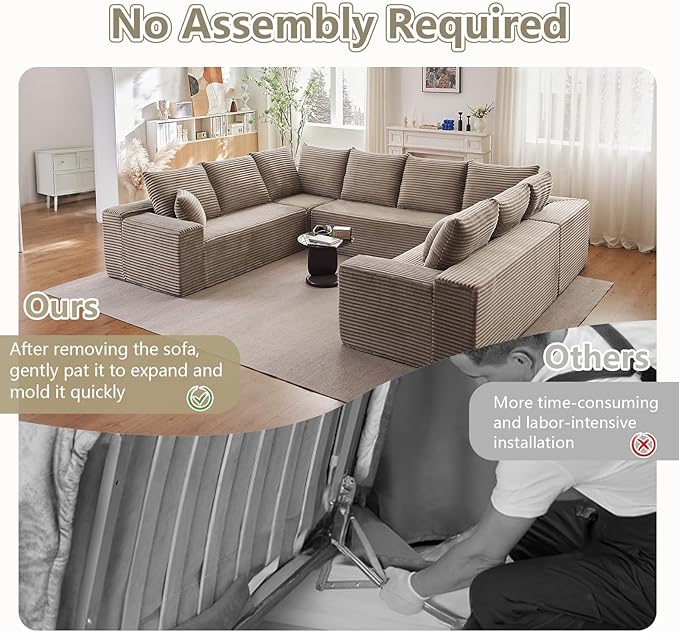 Sectional Cloud Couch for Living Room, Modular Floor Deep-Seat Sofa, Big Comfy Corduroy Couches Set with Fluffy Memory Foam, Stupendous U Shaped Sofas with 12 Pillows, No Assembly Required, Camel