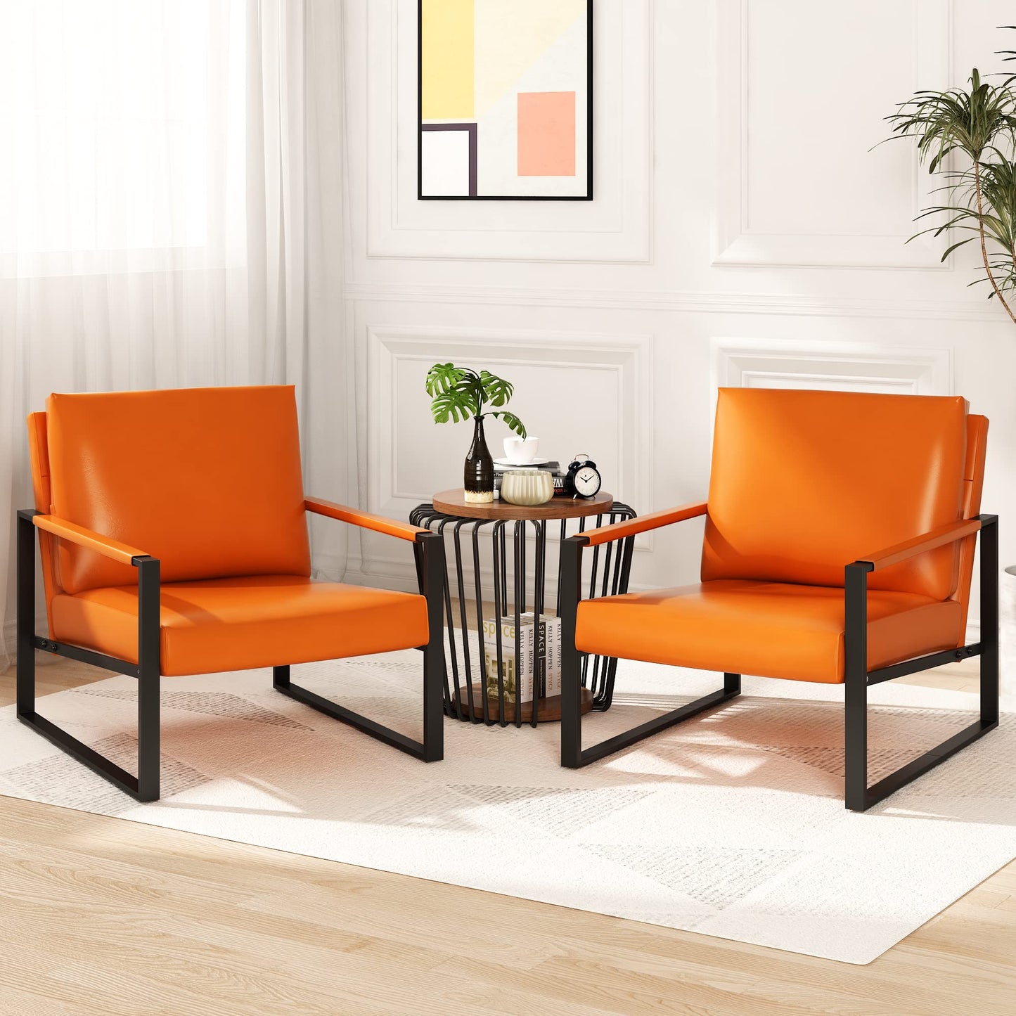 AWQM Modern PU Leather Accent Chair Arm Chair with Extra-Thick Padded Backrest and Seat Cushion Sofa Chairs for Living Room Bedroom, 105 Degree Slant Back, Non-Slip Adsorption Feet, Orange