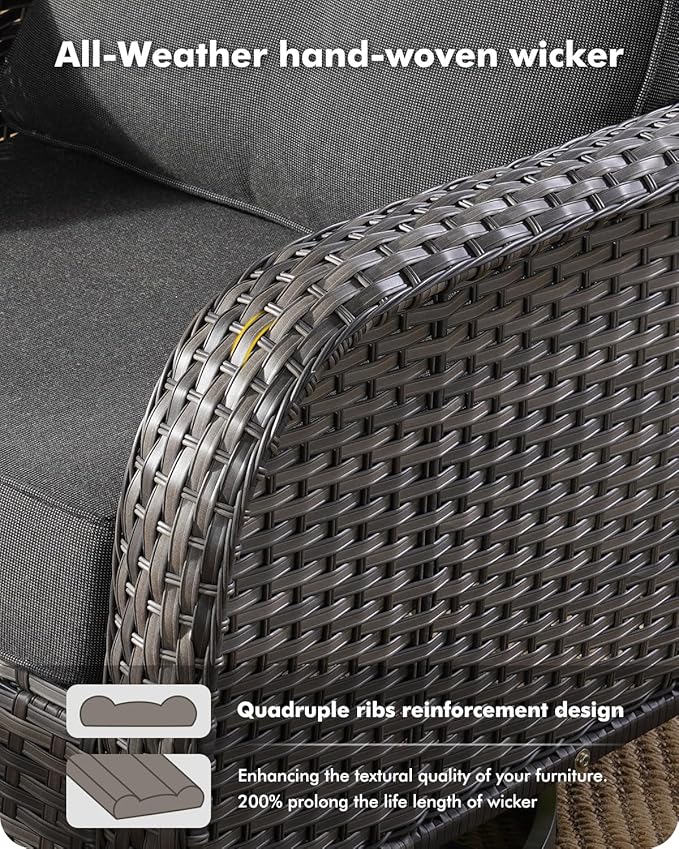 CAODOC 5 Pieces Patio Furniture Set,Outdoor Furniture with Rockers, Rattan Conversation Sets w/Coffee Table, Grey Wicker Black Cushion