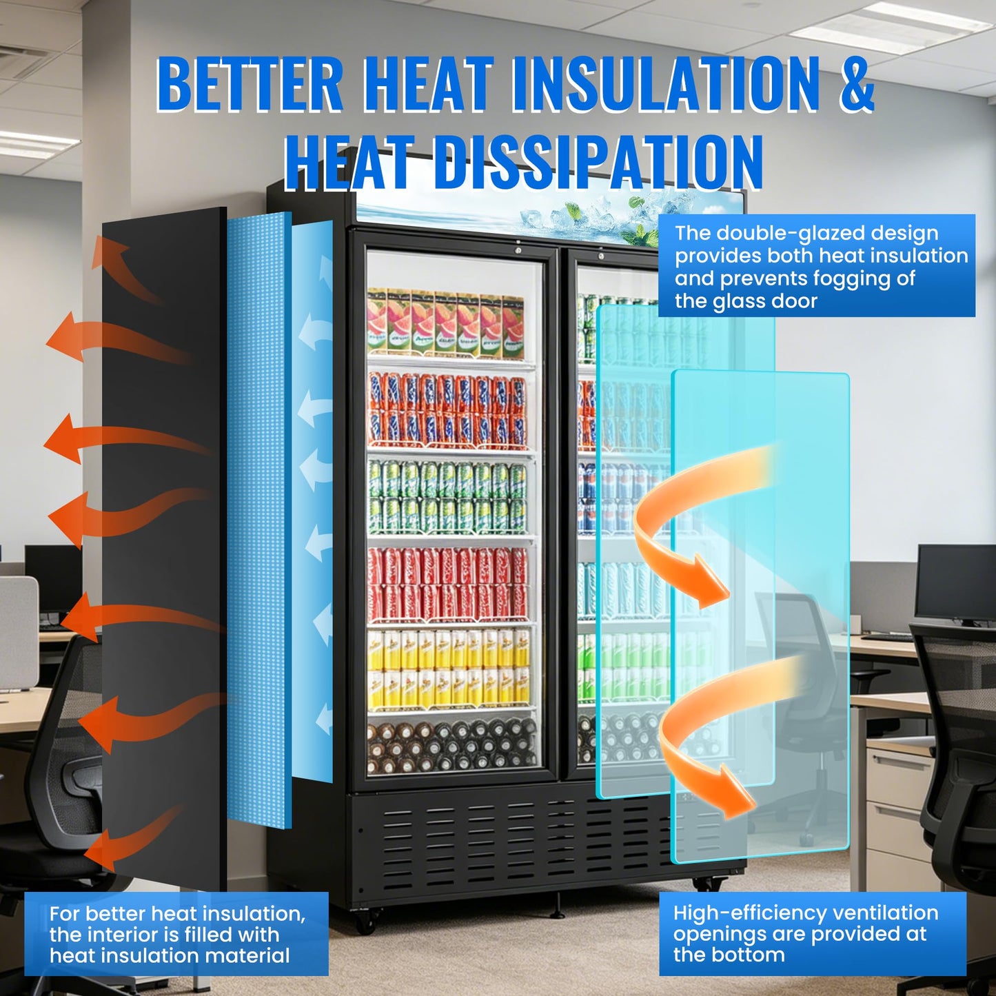 Frostvale 41 Cu.Ft Commercial Display Refrigerator, Black 2 Glass Door Beverage Cooler with Lighted Header, ETL Upright Merchandiser Fridge for Drinks, Soda, Beer, Restaurant, Store