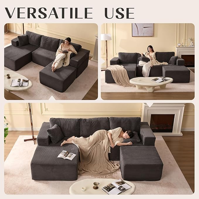 Afuson 107" Boneless Couch with Deep Seat, Modular Sectional Sofa, Cloud Sectional Couch for Living Room, No Assembly Required, Corduroy, U-Shape 3 Seater Left, Grey