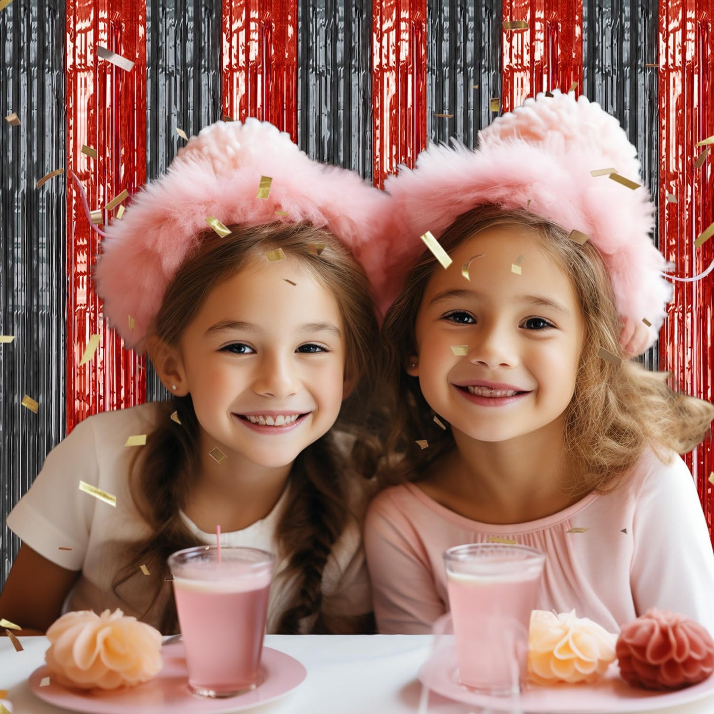 DECOCKRAT 2 Pack Foil Fringe Backdrop - Red&Black Shiny Tinsel Curtains for Party Decoration/Photo Booth Props - 3.3x6.6 FT Metallic Foil Backdrop for Birthday, Wedding, Graduation, Christmas.