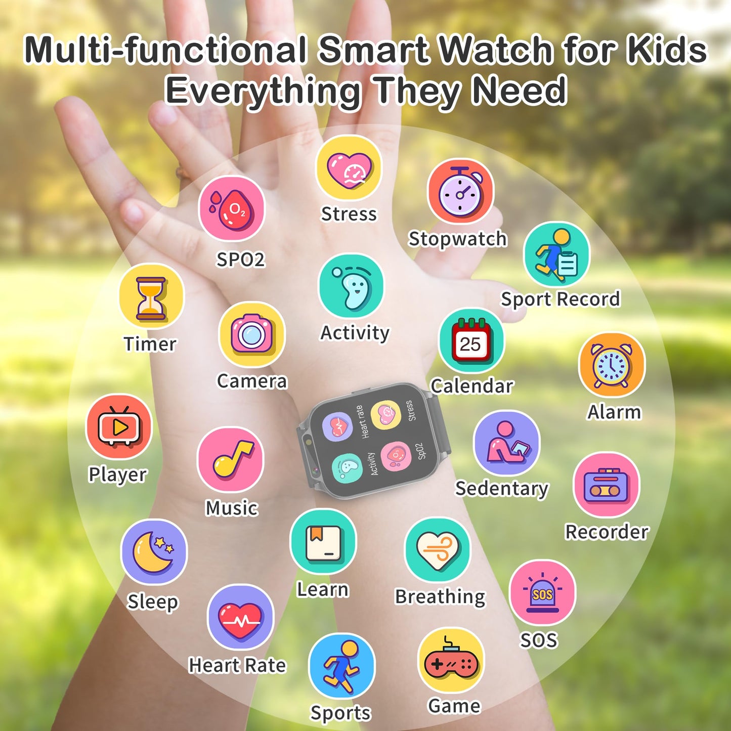 Kids Waterproof Smart Watch with Fitness Tracker Sports Activity Pedometer Heartrate SpO2 Stress Monitor Flashlight APP HD Touch Screen Camera Music for 4-13 Year Old Boys Gifts for Kids