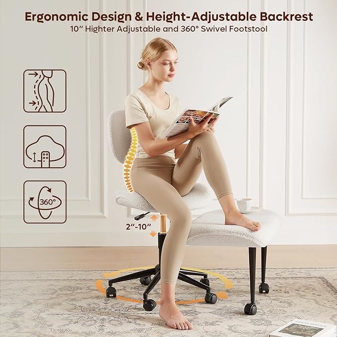 Cross Legged Office Chair with Wheels for ADHD, Ergonomic 360° Swivel Height-Adjustable Meditation Chair for Yoga, Wide Kneeling Chair with Strong Lumbar Support, Teddy Fabric, Off White