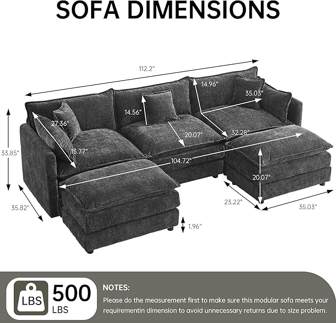 saows Modular Sectional Sofa, 112.2 Inch U Shaped Couch Set with Armrests, 3-Seater Comfy Cloud Couches with Movable Ottoman for Living Room Apartment, Grey