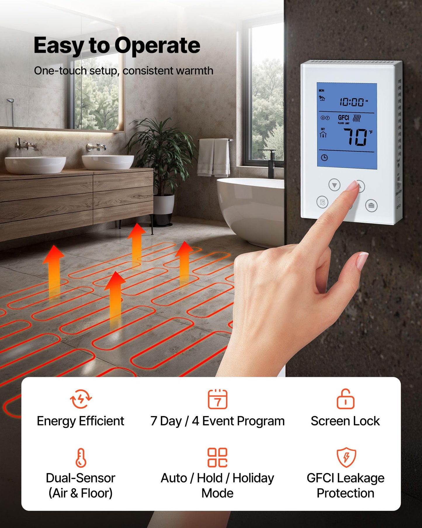 VEVOR Self-Adhesive Mesh Floor Heating Mat, 15 sqft 120V, Smart Thermostat & Alarm, Easy Install for Tile, Stone & Vinyl Flooring