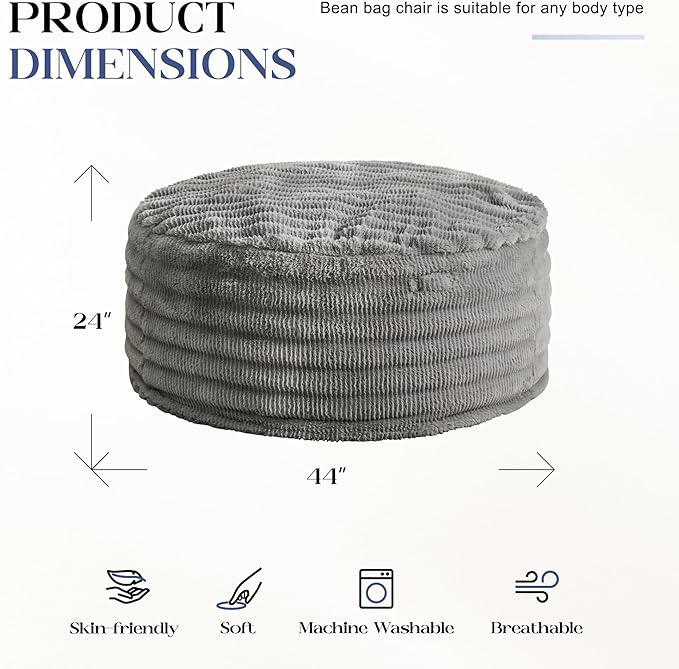 Hobestluk Bean Bag Chairs Beanbag Chair with Filler Adult Bean Bags with Fluffy Ripple Cover, Giant Bean Bag Chairs for Adults (Grey, 4FT - 44" x 44" x 24")
