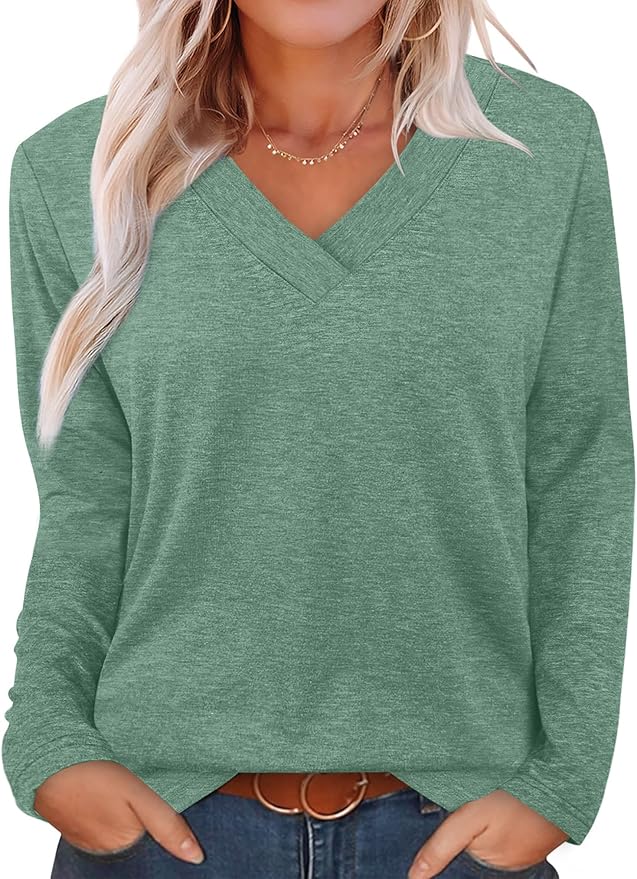 XIEERDUO Long Sleeve Shirts for Women V Neck Fall Tops Basic Tunic Tops Loose Fit Dressy 2025