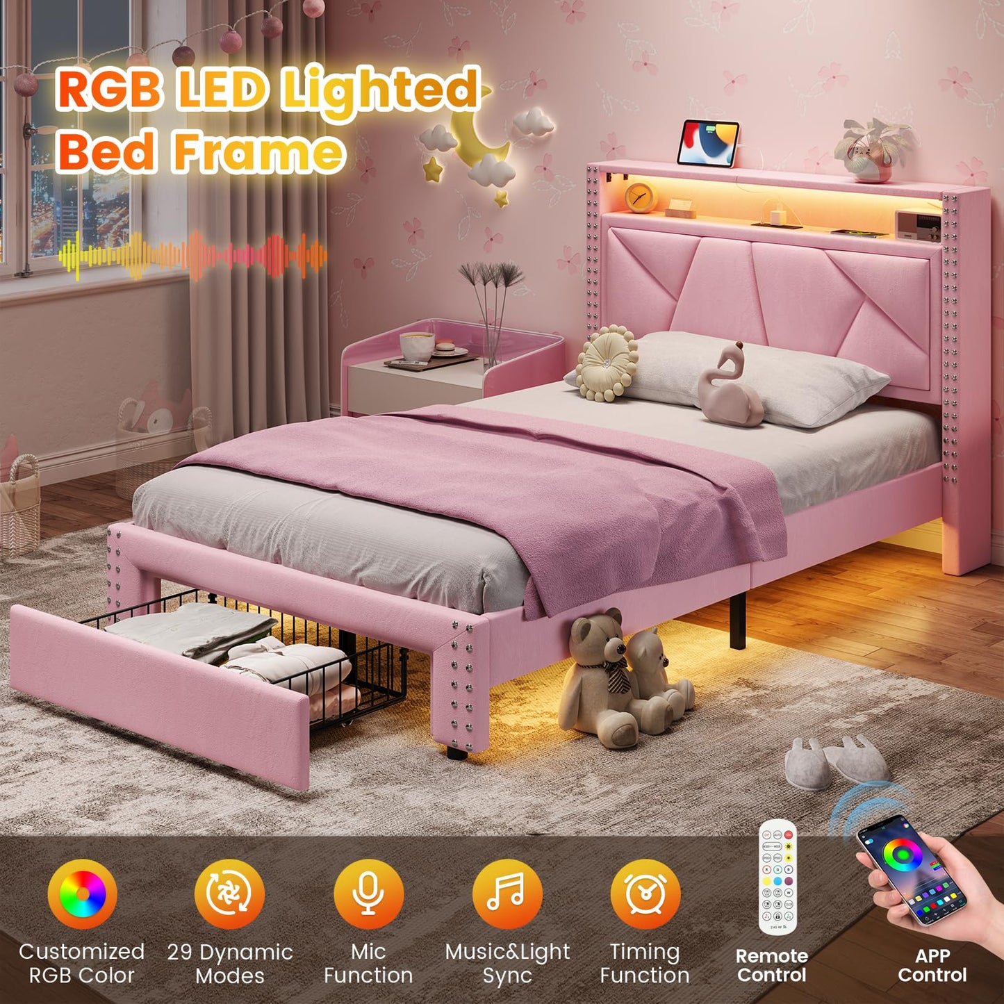 VIAGDO Pink Twin Bed Frames with LED Lights, Upholstered Platform Bed Frame Twin Size with Storage Headboard and Charging Station, LED Twin Bed Frame, No Box Spring Needed