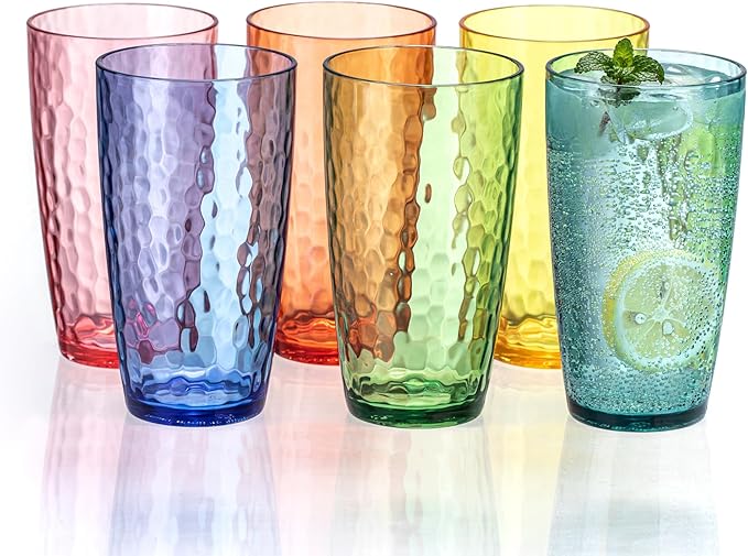 MIYOPESI 20oz Coloful Acrylic Glasses Drinkware (Set of 6), Hammered Design Shatter-Proof Plastic Cups, Reusable Plastic L...
