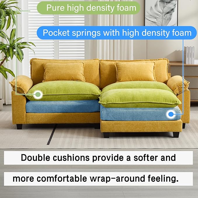 Oprisen 86" Modular Sectional Sofa, Comfy Cloud Couch Sectional Sofa with Ottoman, Chenille Sofa Sleeper Deep Seat Sofa with Throw Pillows for Living Room (Yellow, 86"- L Shape)