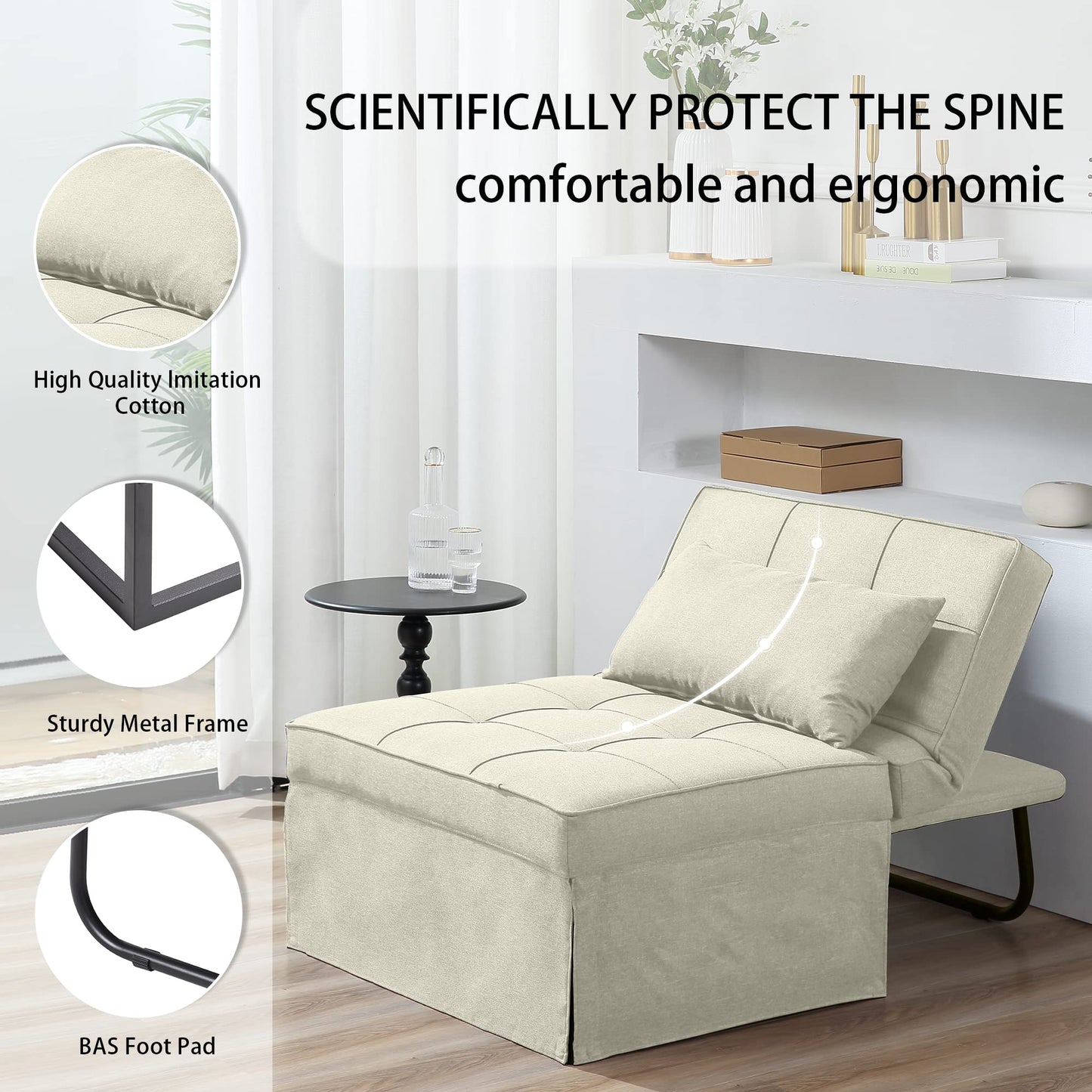 BIGSYY Sofa Bed, 4 in 1 Multi-Function Folding Ottoman Breathable Linen Couch Bed with Adjustable Backrest Modern Convertible Chair for Living Room Apartment Office, White