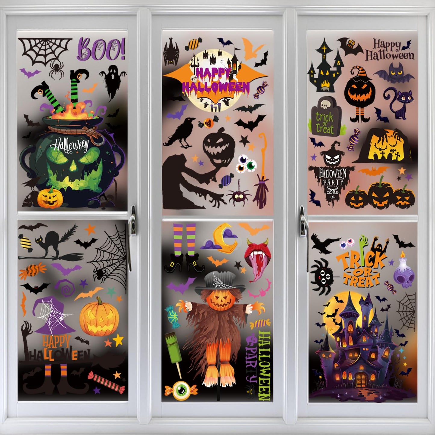 FCZon Star 9 Sheets Halloween Window Clings Decals for Party Decoration, Reusable Double Side Halloween Window Stickers, Indoor & Outdoor Home Decor,Ghosts, Pumpkins, Bats and Other Elements
