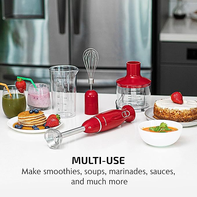 OVENTE Immersion Hand Blender Set, 300W Corded Electric Handheld Stick Mixer, 2 Mixing Speeds with Stainless Steel Blades, Egg Whisk, Beaker & BPA-Free Food Chopper, Red HS565R