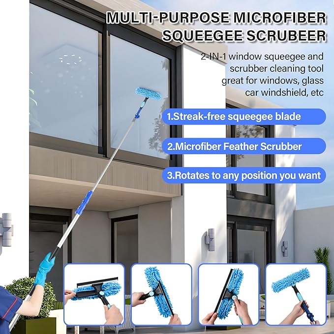 30 FT Exterior House Cleaning Brush Set with 6-24 Foot Telescoping Extension Pole, Soft Scrub Car Wash Brush, Medium Bristle Cleaning Brush and Window Squeegee & Washer