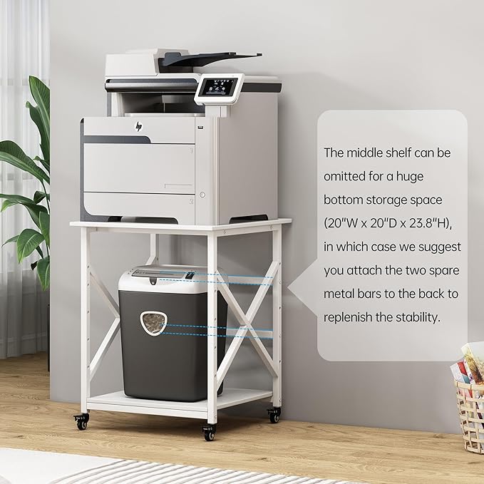 Fannova Large Printer Stand with Height Adjustable Storage Shelf, 23.6 x 23.6 Inches Square Printer Table with Industrial Wheels, Multi-use 3 Tier Rolling Printer Cart for Home Office - White